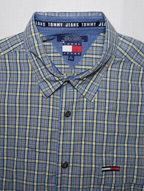 Vintage 2001 Tommy Jeans Mens Button Up Long Sleeve Shirt XL Blue Yellow Plaid